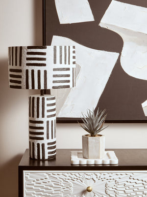 Luma Black And White Papier Mache Table Lamp with Geometric Lines