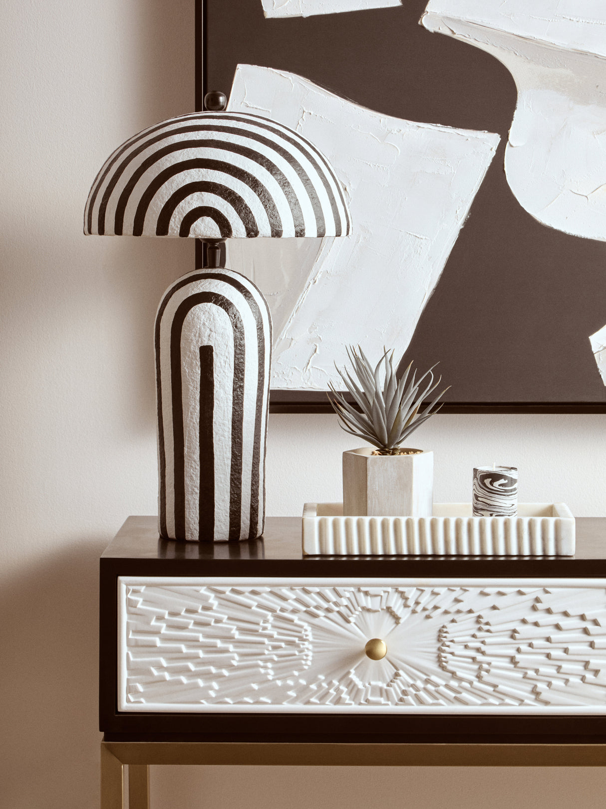 Luma Black And White Stripe Papier Mache Table Lamp With Dome Shade