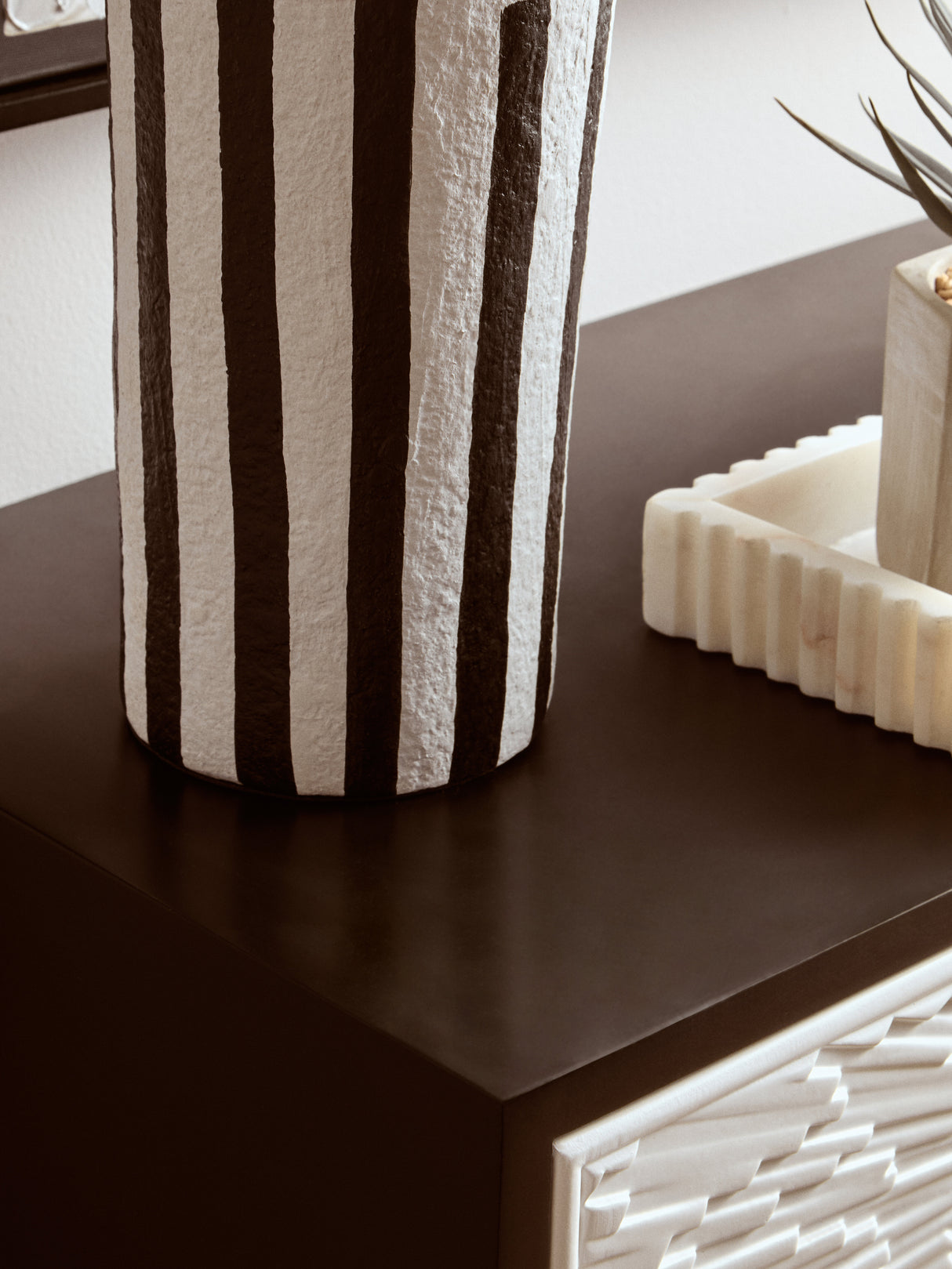 Luma Black And White Stripe Papier Mache Table Lamp With Dome Shade