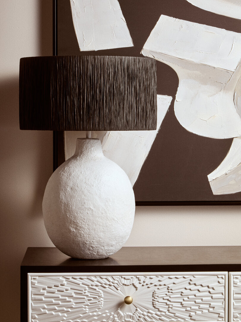 Luma White Papier Mache Table Lamp With Black Raffia Shade