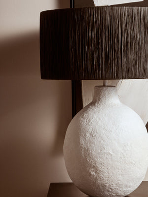 Luma White Papier Mache Table Lamp With Black Raffia Shade