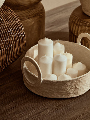 Avara Cotton Mache Round Tray With Decorative Handles