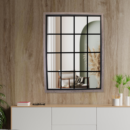 Window Style Wall Mirror with Grey Frame