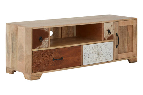Folklore mango wood and leather media unit, angled view