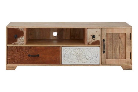 Folklore mango wood media unit, front view with cowhide, carved and plain drawers, a door and open shelf