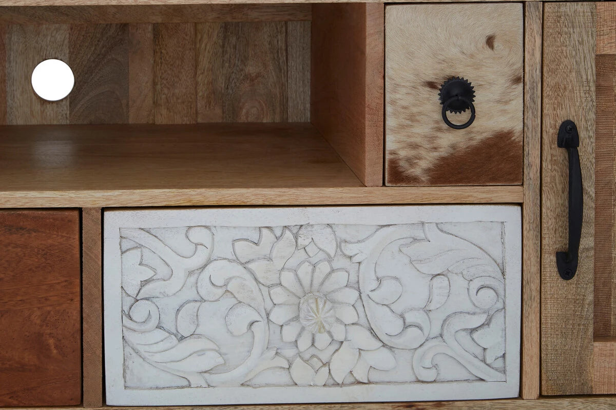 Close-up of the white carved drawer and cowhide drawer on the Folklore media unit