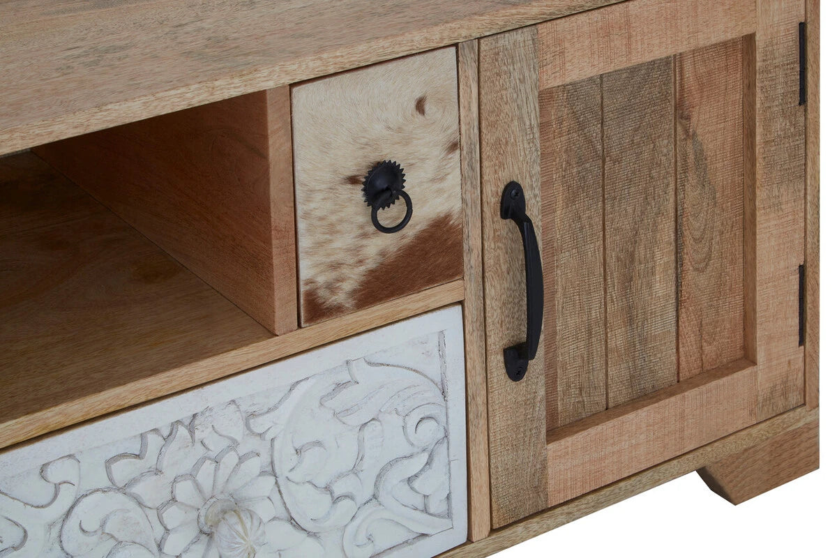 Close-up of the cowhide drawer, planked door and black iron handle on the Folklore media unit