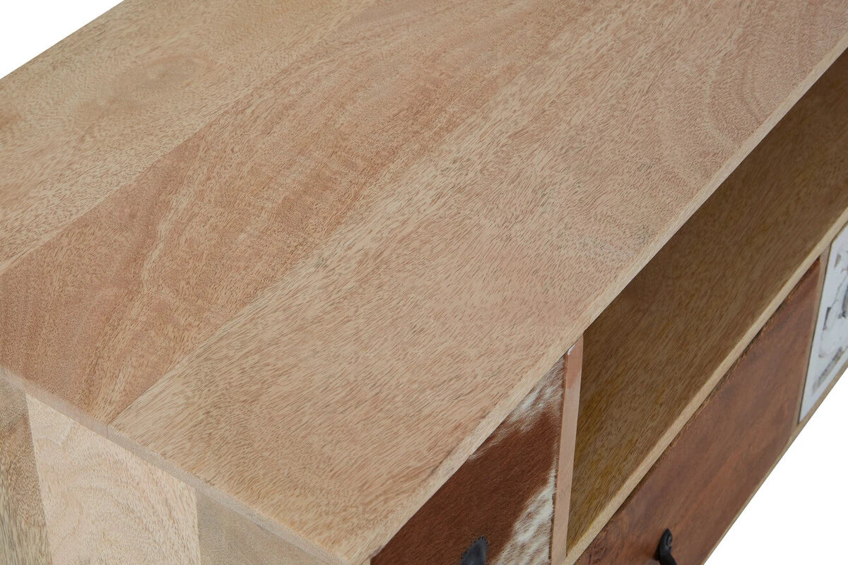 Close-up of the mango wood top on the Folklore media unit