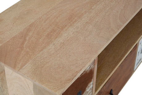 Close-up of the mango wood top on the Folklore media unit