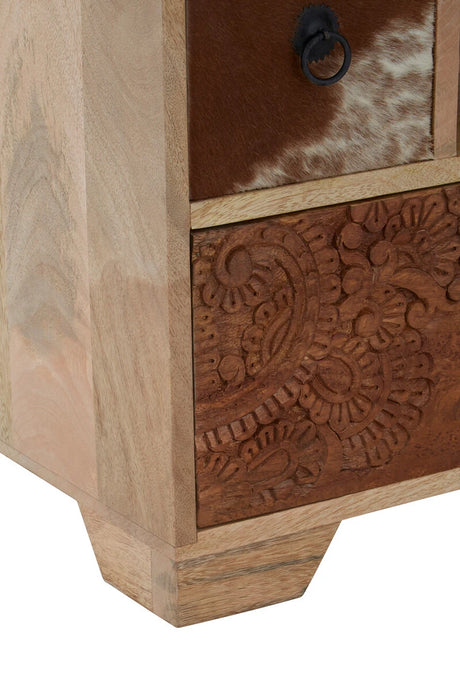 Close-up of the carved brown drawer and cowhide drawer on the Folklore media unit