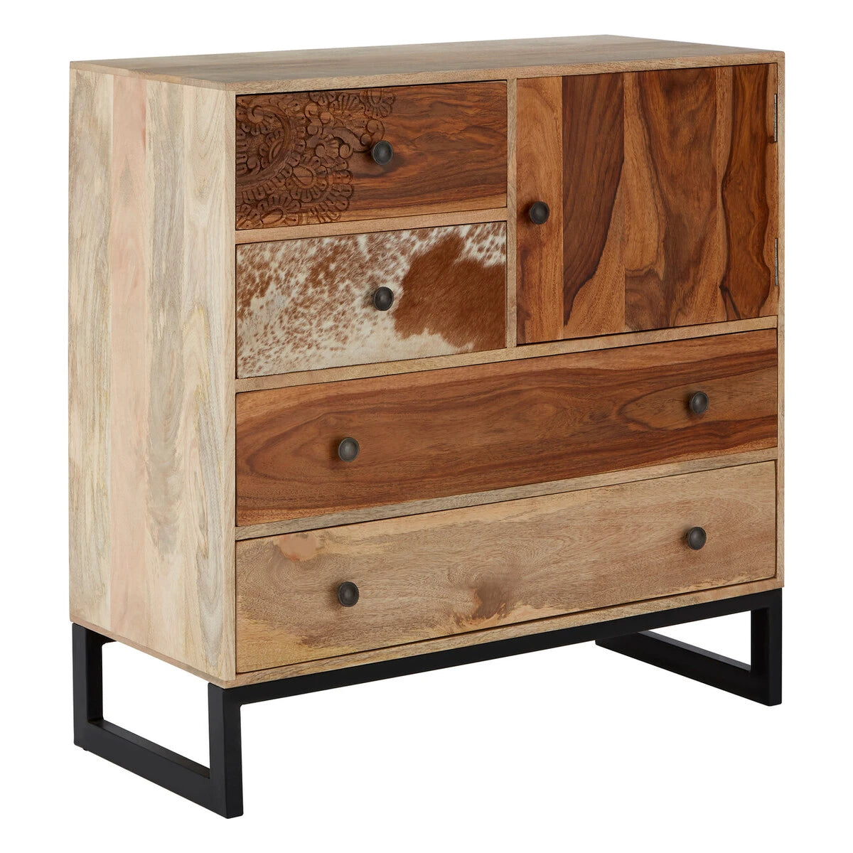 Folklore mango wood sideboard, angled view on its black metal base