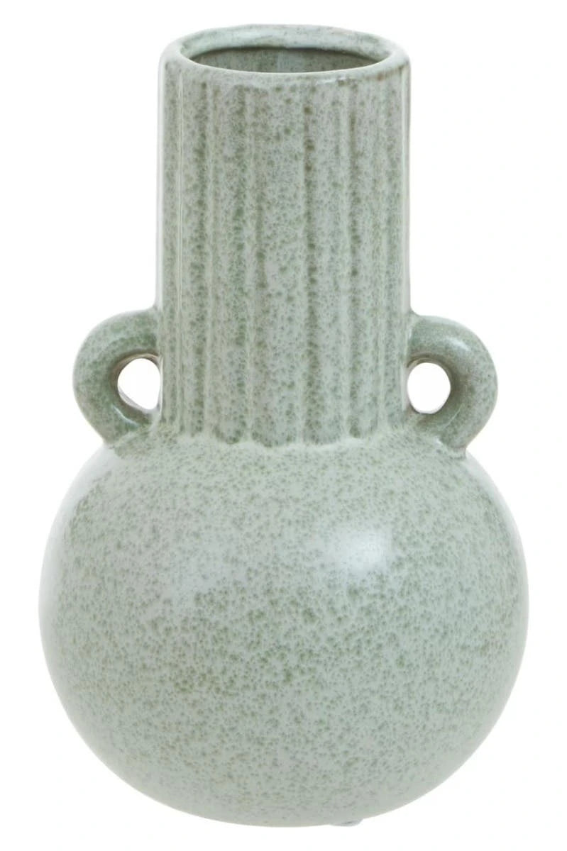 Freya Speckled Green Stoneware Bud Vase, a speckled green glazed stoneware bud vase with a round base, fluted neck and two loop handles.