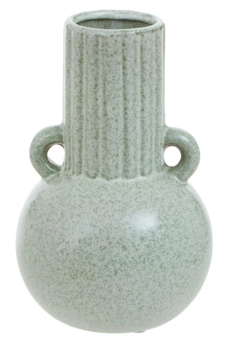 Freya Speckled Green Stoneware Bud Vase, a speckled green glazed stoneware bud vase with a round base, fluted neck and two loop handles.