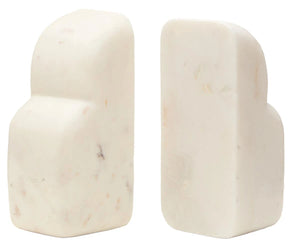 The two Vela white marble bookends side by side from an angle, showing their thick solid marble profile.