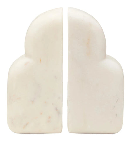 Vela White Marble Set of Two Bookends placed together, forming one rounded stepped arch in white marble with soft blush veining.
