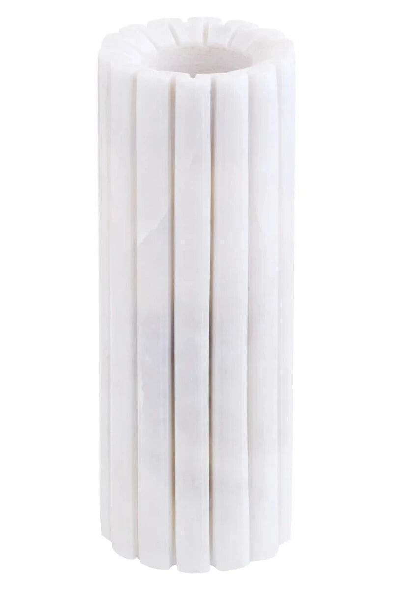 Vela White Marble Fluted Bud Vase, a slim white marble bud vase with vertical fluting and subtle grey veining.