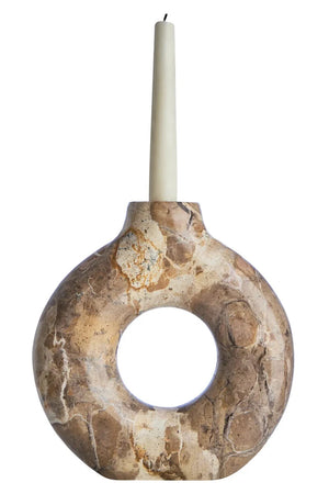 Ossa Chocolate Marble Candle Holder holding a white taper candle, shown on a white background.