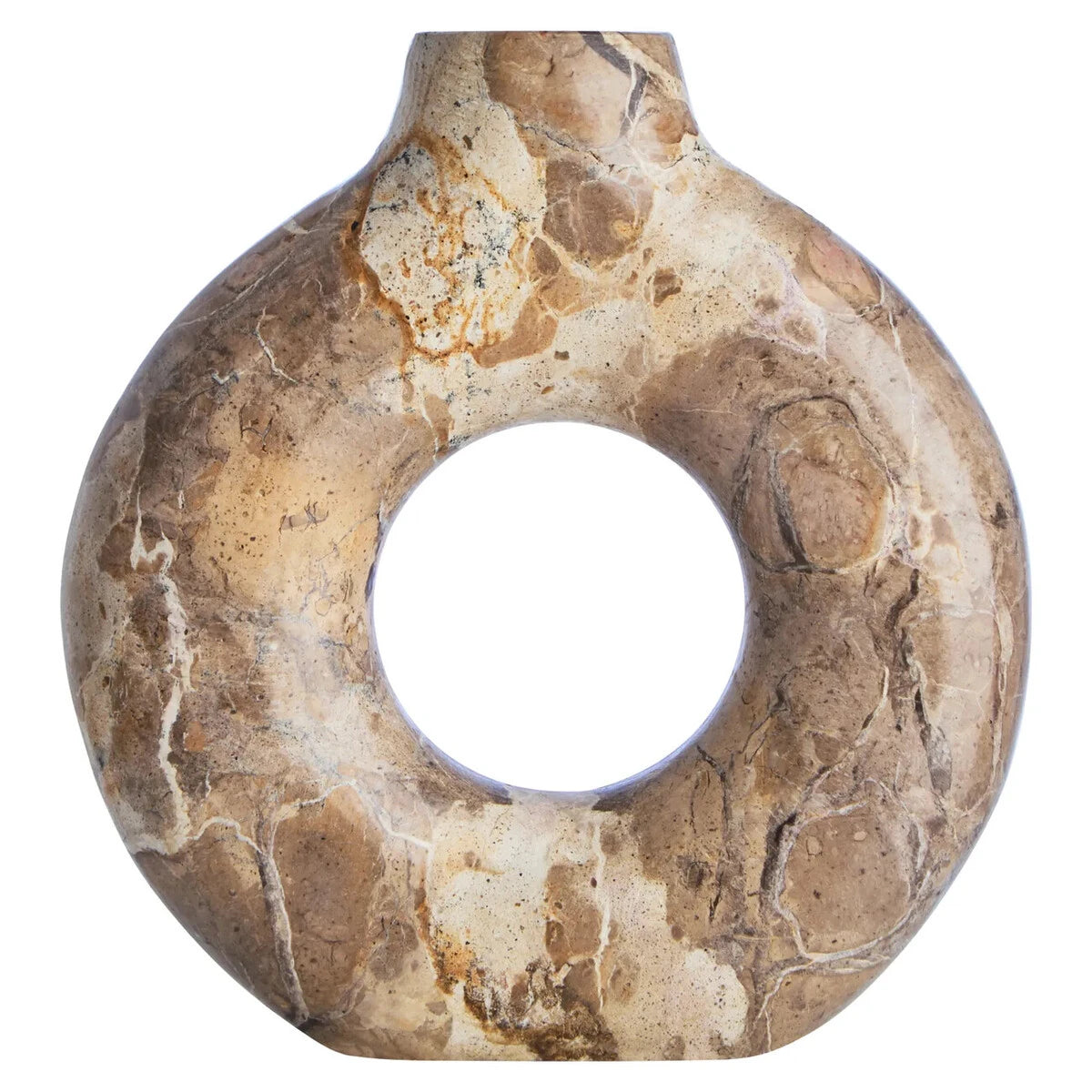 Ossa Chocolate Marble Candle Holder, a ring-shaped chocolate and cream marble candle holder with a circular cut-out and a taper candle.
