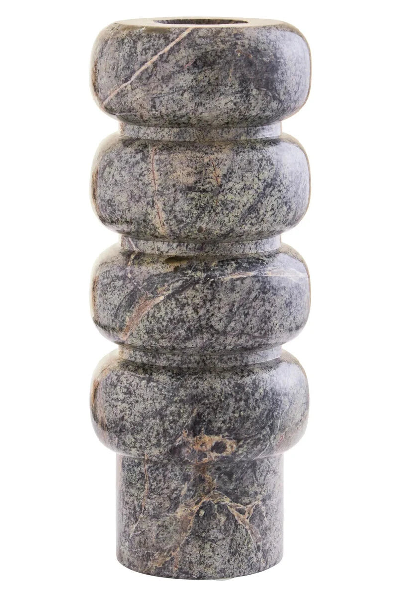 Front view of the Cairn Forest Green Marble Vase, showing four rounded marble tiers above a cylindrical base, with plum and rust veining.