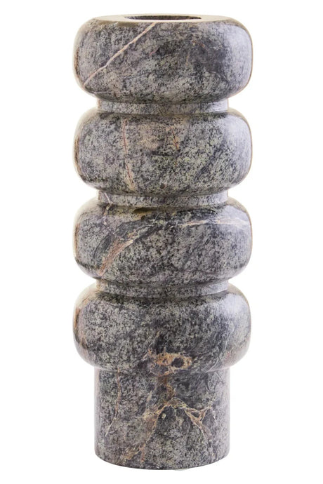 Front view of the Cairn Forest Green Marble Vase, showing four rounded marble tiers above a cylindrical base, with plum and rust veining.