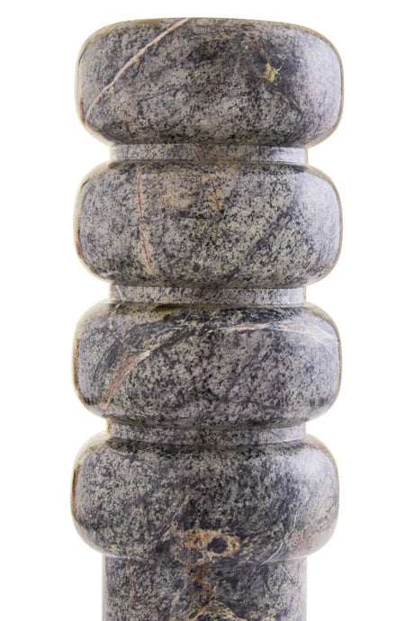 Close view of the Cairn marble vase, showing the speckled green-grey stone and veining across the stacked tiers.