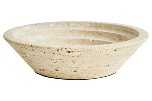Tivoli Travertine Round Tapered Bowl, a wide, shallow round natural travertine bowl with a tapered concentric silhouette.