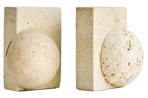 Tivoli Travertine Set of Two Spherical Bookends, showing the natural texture and tonal variation of the travertine.