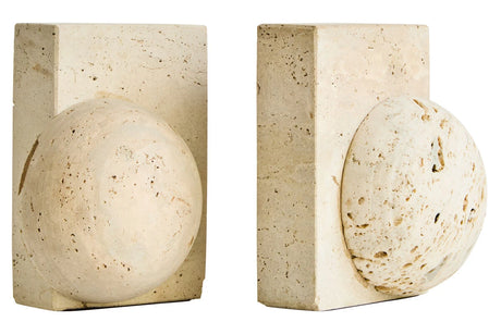 Tivoli Travertine Set of Two Spherical Bookends, showing the natural texture and tonal variation of the travertine.