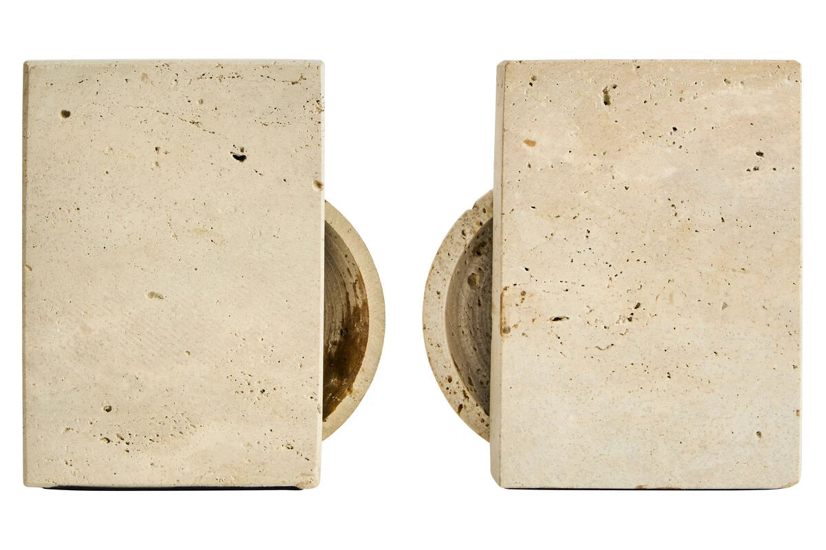 Tivoli Travertine Set of Two Spherical Bookends, detail of the natural stone surface.
