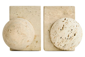 Tivoli Travertine Set of Two Spherical Bookends, a pair of natural travertine bookends, each a square block intersected by a smooth sphere.
