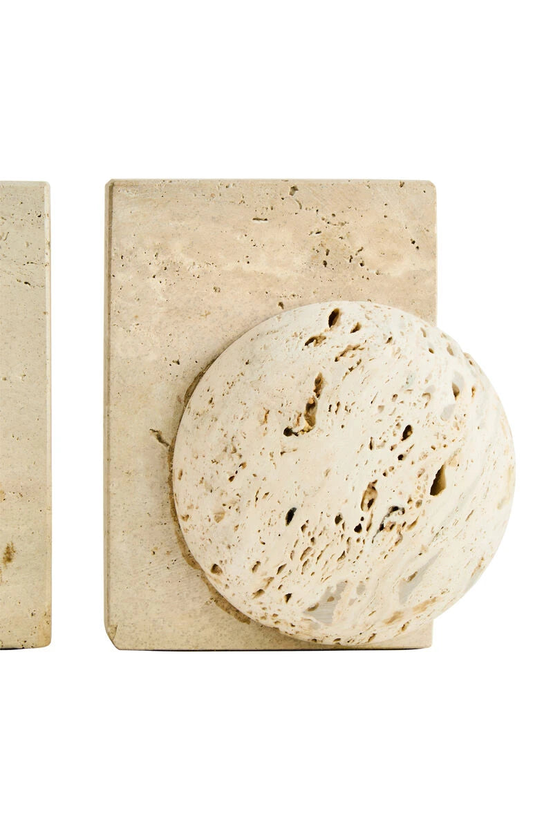 Tivoli Travertine Set of Two Spherical Bookends, shown from another angle.