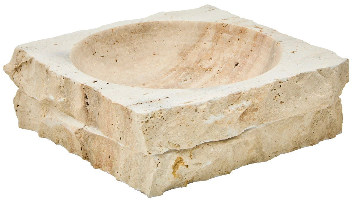 Tivoli Travertine Rough Edge Square Bowl, showing the natural texture and tonal variation of the travertine.