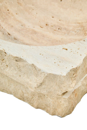 Tivoli Travertine Rough Edge Square Bowl, detail of the natural stone surface.