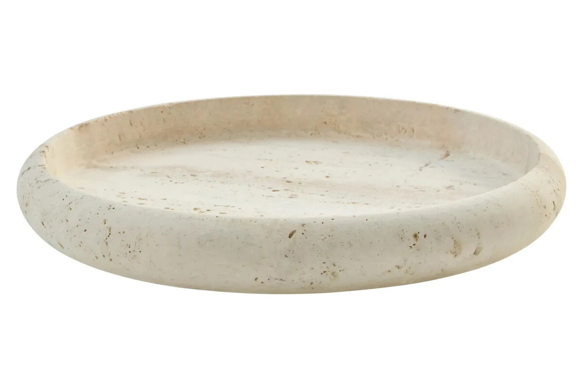 Tivoli Travertine Round Tray, a round natural travertine tray with softly raised edges in warm neutral tones.