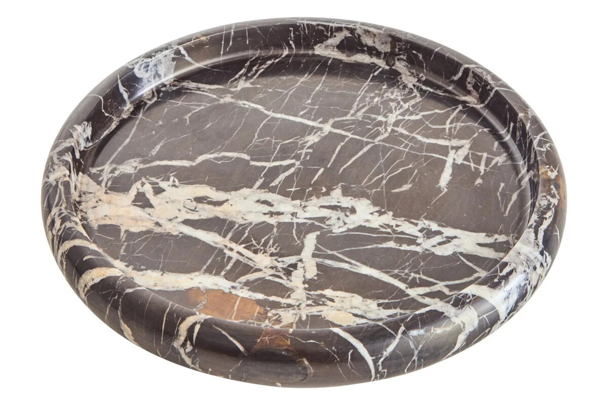 Alba Black and White Marble Round Tray, showing the natural veining of the marble.
