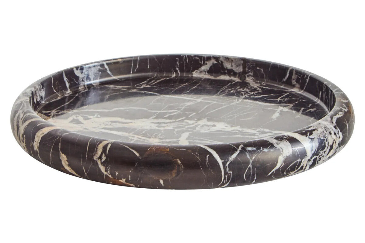 Alba Black and White Marble Round Tray, a round black marble tray with bold white veining and raised edges.