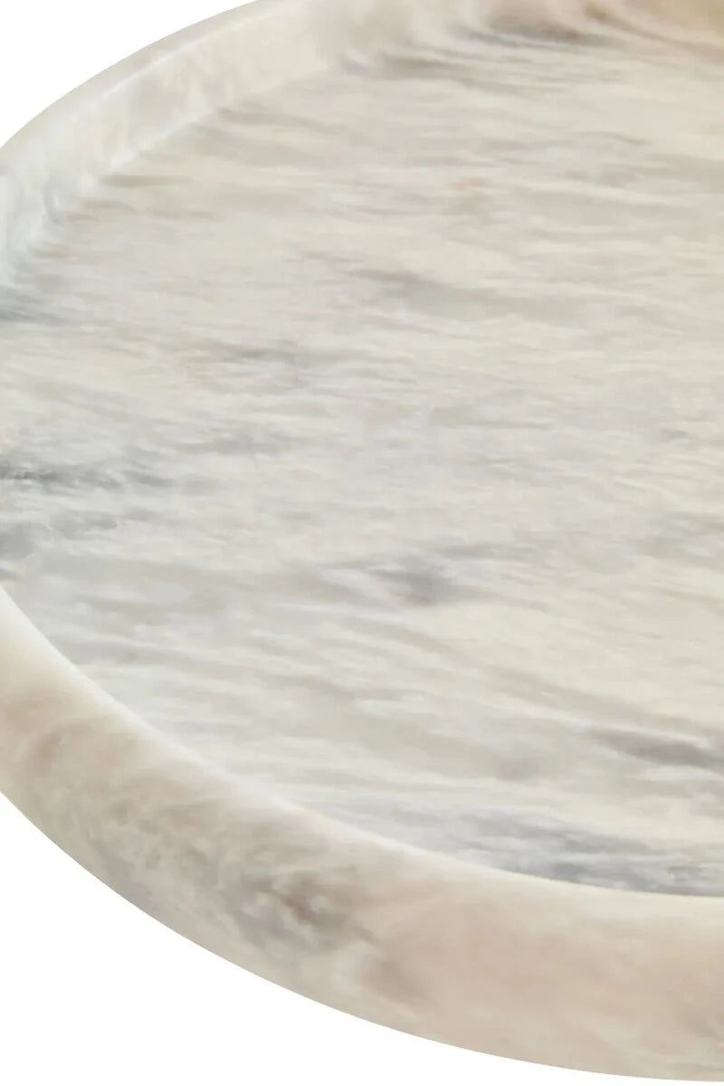 Alba White Marble Round Tray, detail of the marble surface.
