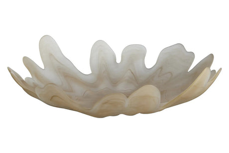 A sculptural, organic-shaped glass bowl with wavy, petal-like edges in a translucent off-white and cream color, shown against a plain white background.