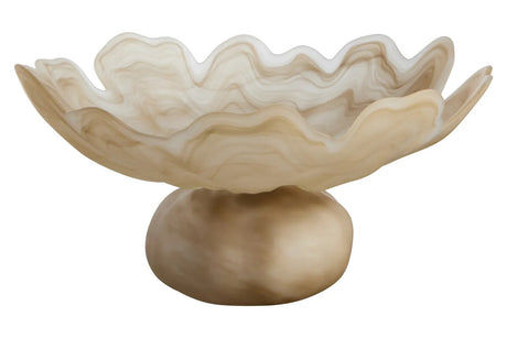A beige translucent glass bowl with a round pedestal stand on a white background