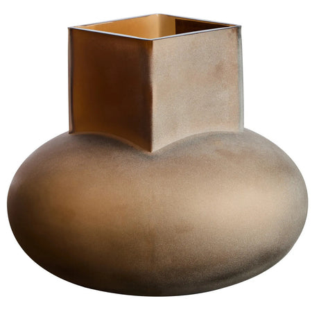Bronze-colored vase with a square top on a white background