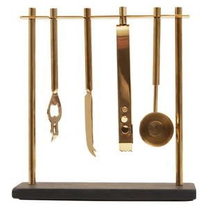 Loxley bar tool set with black slate base and four gold-finish tools