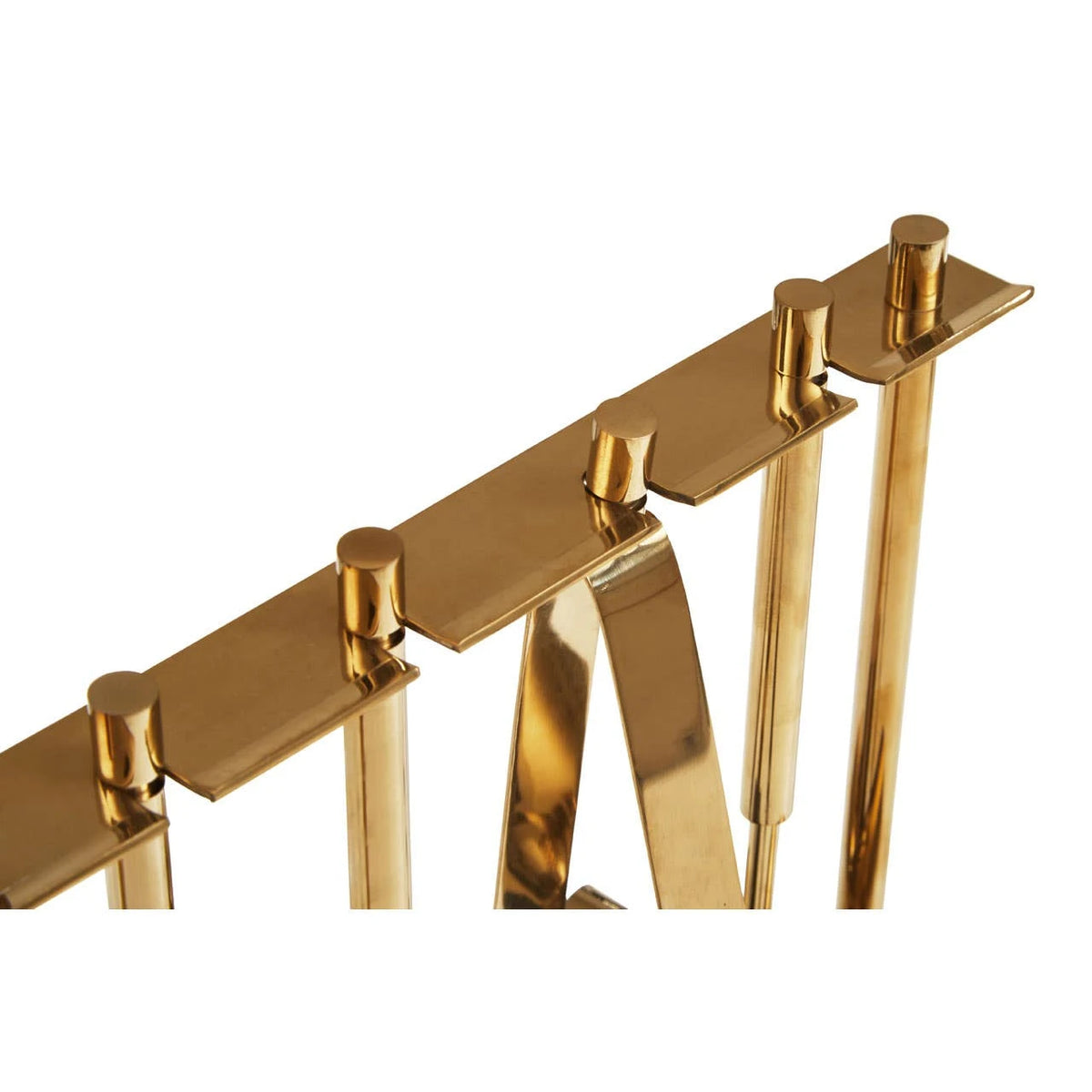 Close-up of the gold-finish hanging rail on the Loxley bar tool stand