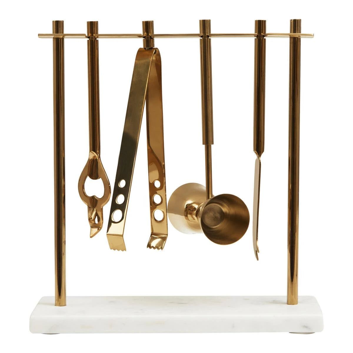 Loxley marble and gold finish bar tool stand, front view