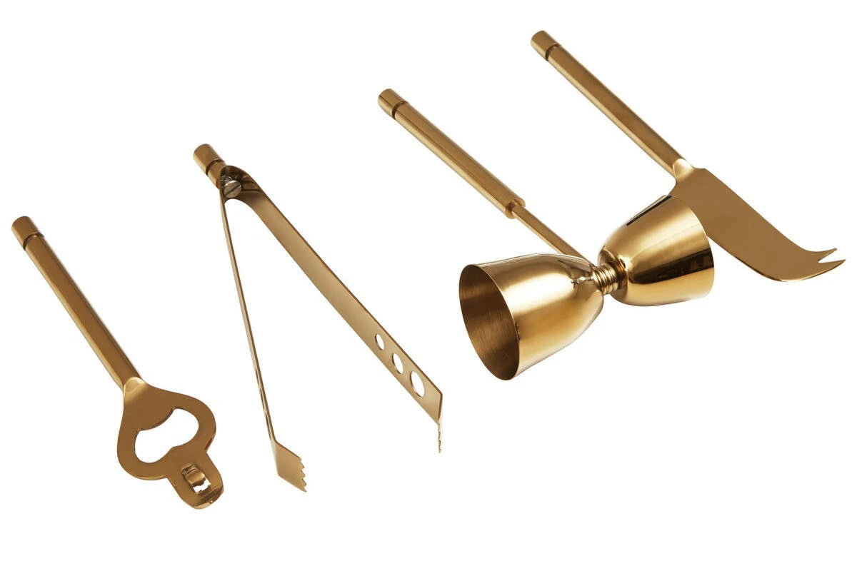 Loxley gold-finish bar tools laid flat: bottle opener, tongs, jigger and knife