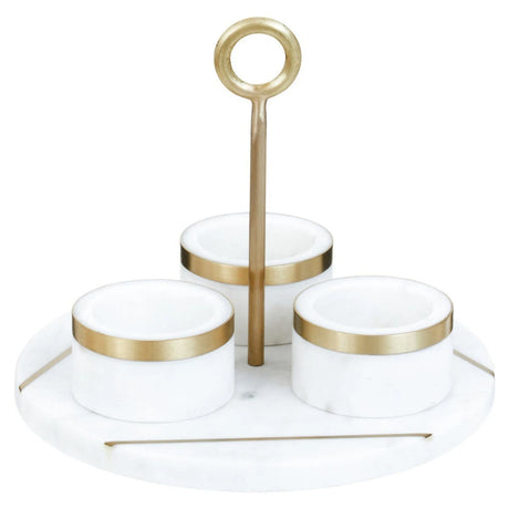 Loxley white marble condiment set with tray, front view