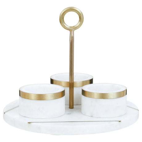 Loxley white marble condiment set with three bowls on a round marble tray with gold-finish handle