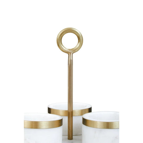 Close-up of the gold-finish rims and handle on the Loxley condiment set