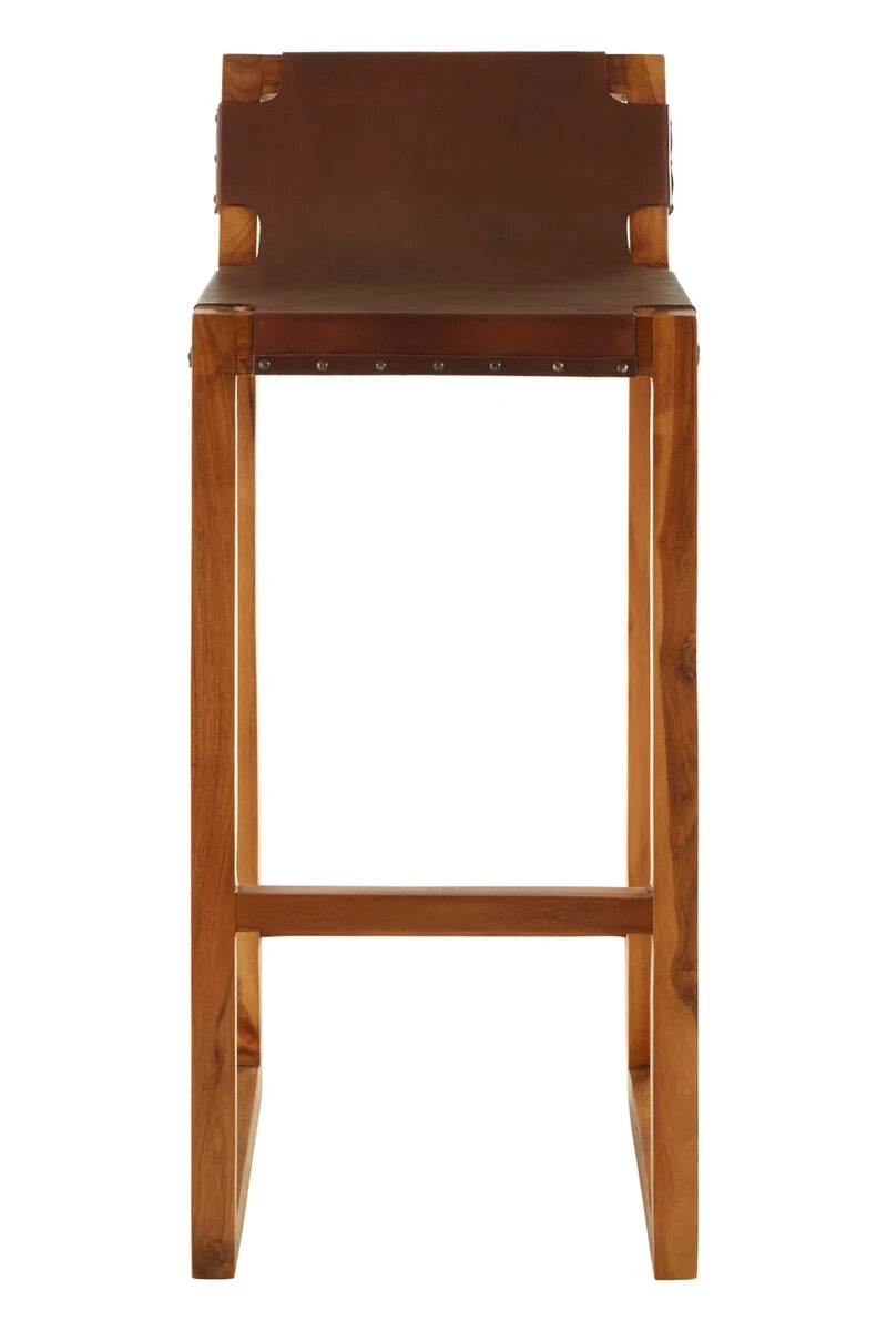Front view of the Jakarta Brown Leather Bar Chair, with a low leather backrest and teak frame with footrest.