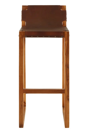 Front view of the Jakarta Brown Leather Bar Chair, with a low leather backrest and teak frame with footrest.