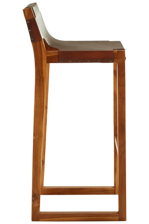 Side view of the Jakarta Brown Leather Bar Chair, showing the curved leather back and squared teak sled base.